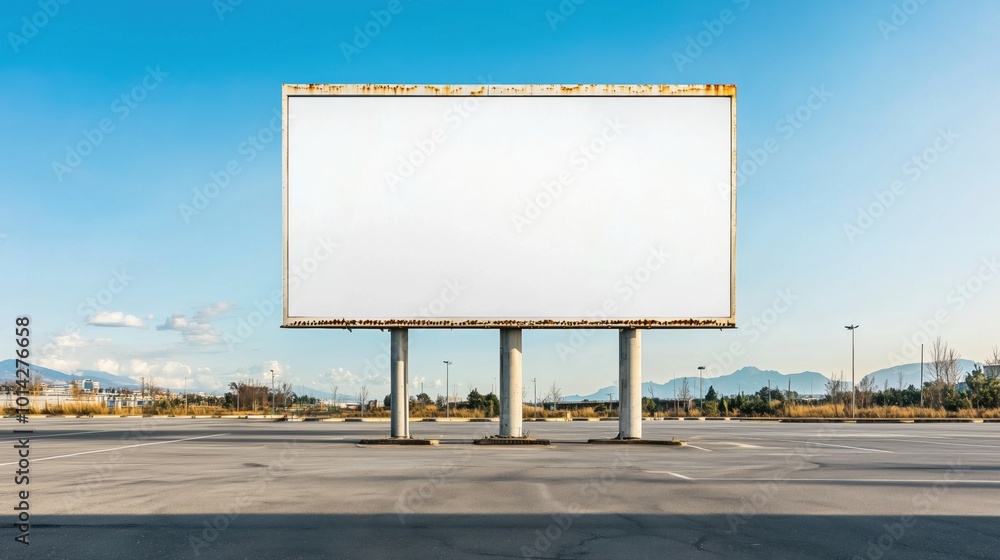 Serene Empty Parking Lot with Large White Billboard: High Angle View Serene Empty Parking Lot with Large White Billboard: High Angle View