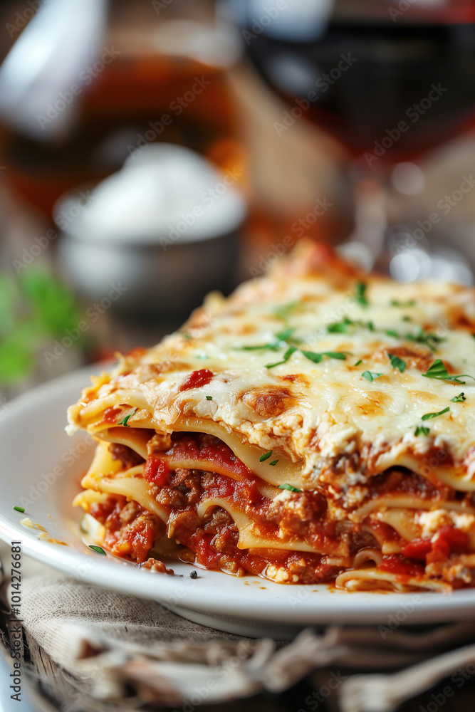 Delicious classic lasagna layers with meat sauce and cheese and topped with melted mozzarella Delicious classic lasagna layers with meat sauce and cheese and topped with melted mozzarella