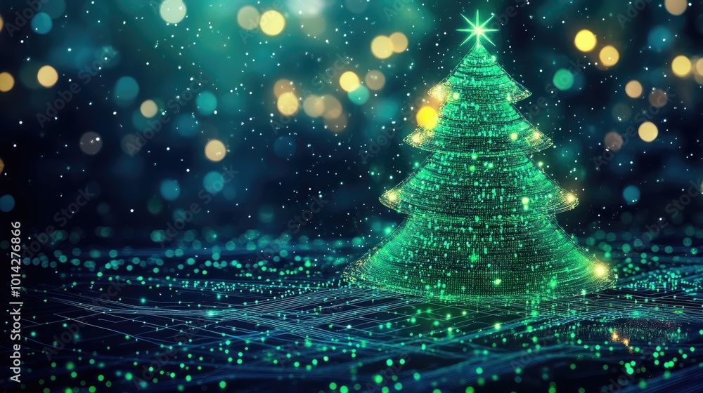 Abstract Christmas tree made of particles, with a blurred background of twinkling lights and falling snow. Abstract Christmas tree made of particles, with a blurred background of twinkling lights and falling snow.