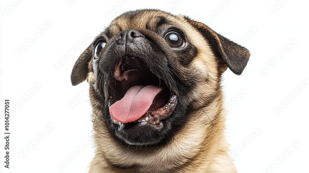 Obraz premium happy young pug dog panting mouth wide open, isolated on white, Remastered