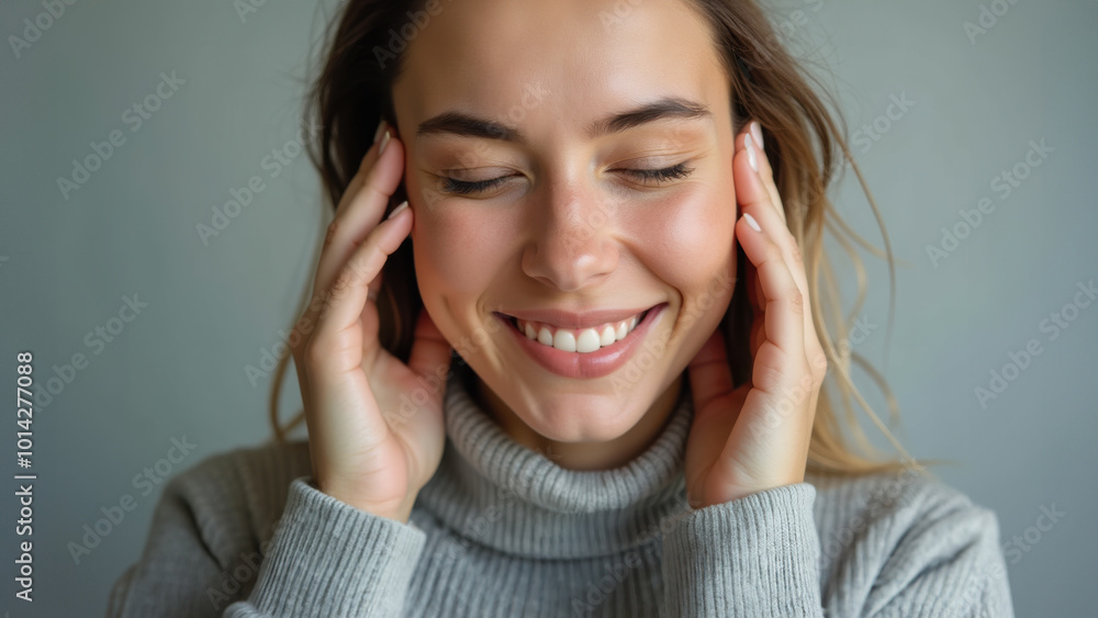 A beautiful, shy woman covering her ears with her hands after hearing something embarrassing or inappropriate but funny. She is smiling, and her eyes are closed. Brown hair. Brunette. A beautiful, shy woman covering her ears with her hands after hearing something embarrassing or inappropriate but funny. She is smiling, and her eyes are closed. Brown hair. Brunette.