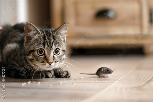  Curious gray tabby cat squatting while staring intently at a small house mouse photo