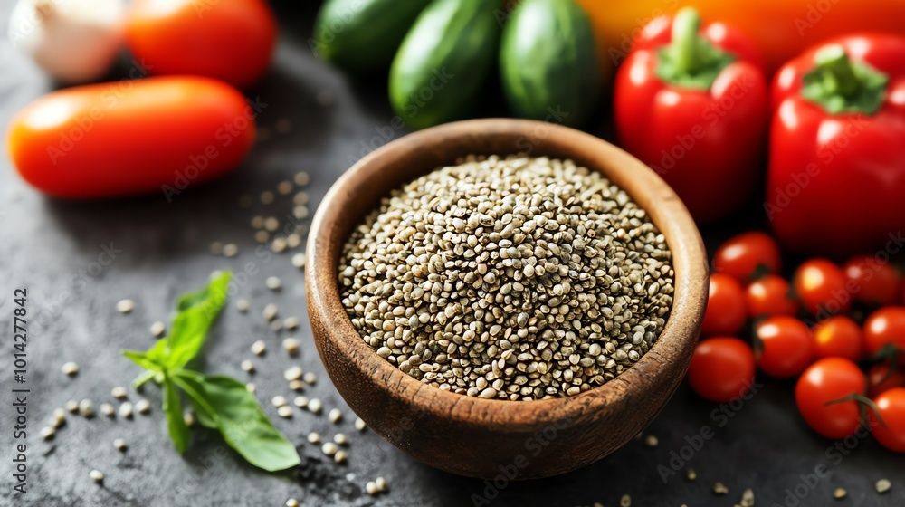A bowl of seeds surrounded by fresh vegetables on a dark stone surface. A bowl of seeds surrounded by fresh vegetables on a dark stone surface.