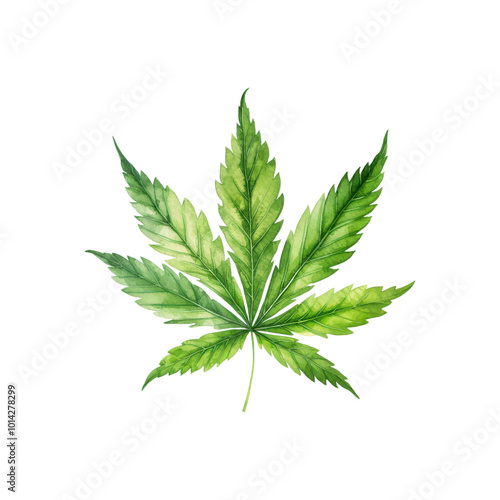 A green cannabis leaf with intricate watercolor details is suitable for cannabis related designs, packaging, posters, and botanical illustrations in vibrant colors.Generative AI