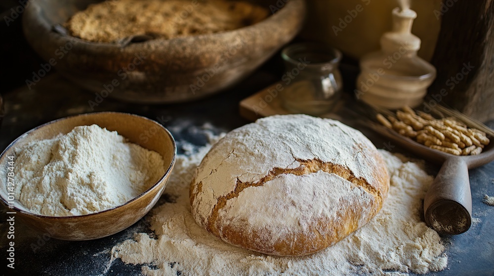 Freshly Baked Bread with Flour - Rustic Bakery Scene Freshly Baked Bread with Flour - Rustic Bakery Scene