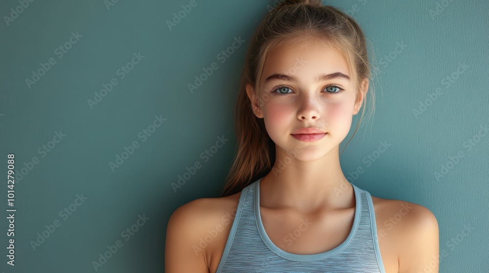 Confident young Caucasian girl with ponytail wearing athletic gear on plain green background Confident young Caucasian girl with ponytail wearing athletic gear on plain green background