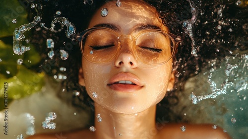 Young woman in sunglasses with eyes closed and falling water on face. Generative AI