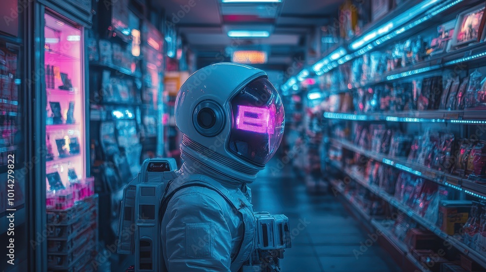Futuristic shopping adventure with a person in a space helmet surrounded by neon lights and cutting-edge gadgets in a high-tech store ambiance Futuristic shopping adventure with a person in a space helmet surrounded by neon lights and cutting-edge gadgets in a high-tech store ambiance