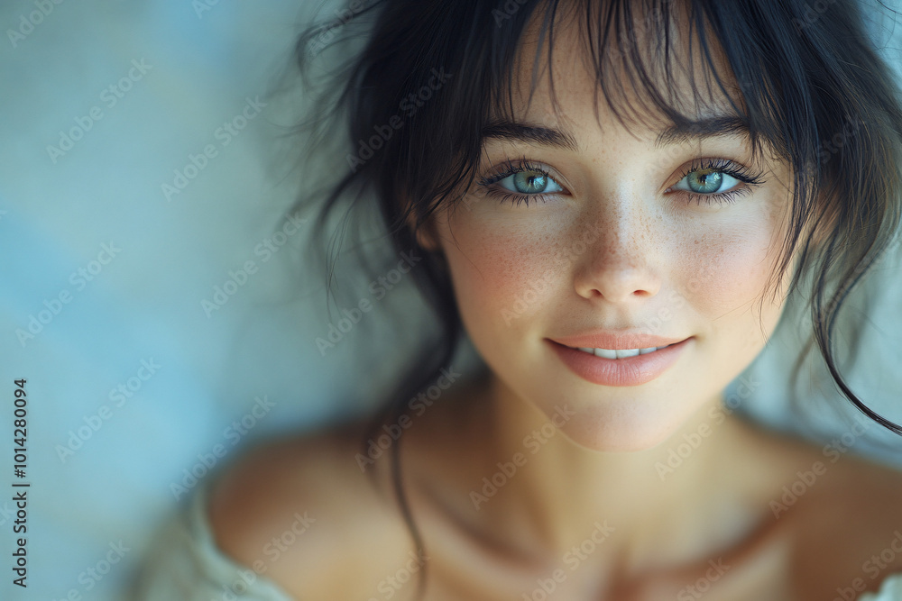 beautiful woman with blue eyes smiling and looking at camera - portrait - close up - natural light beautiful woman with blue eyes smiling and looking at camera - portrait - close up - natural light
