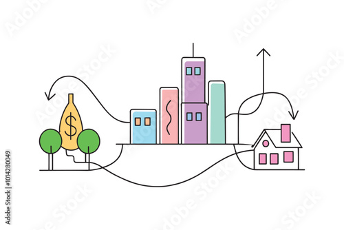 Cityscape line drawing with a house, tree, and dollar sign, representing the concept of forest investment isolated doodle line art flat vector illustration on white background