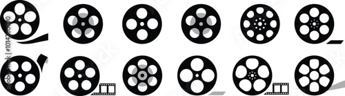 Old retro reel with film strip collection. Film reel movie icon set. Strip vintage poster vector illustration. film canisters. cinema abstract logo