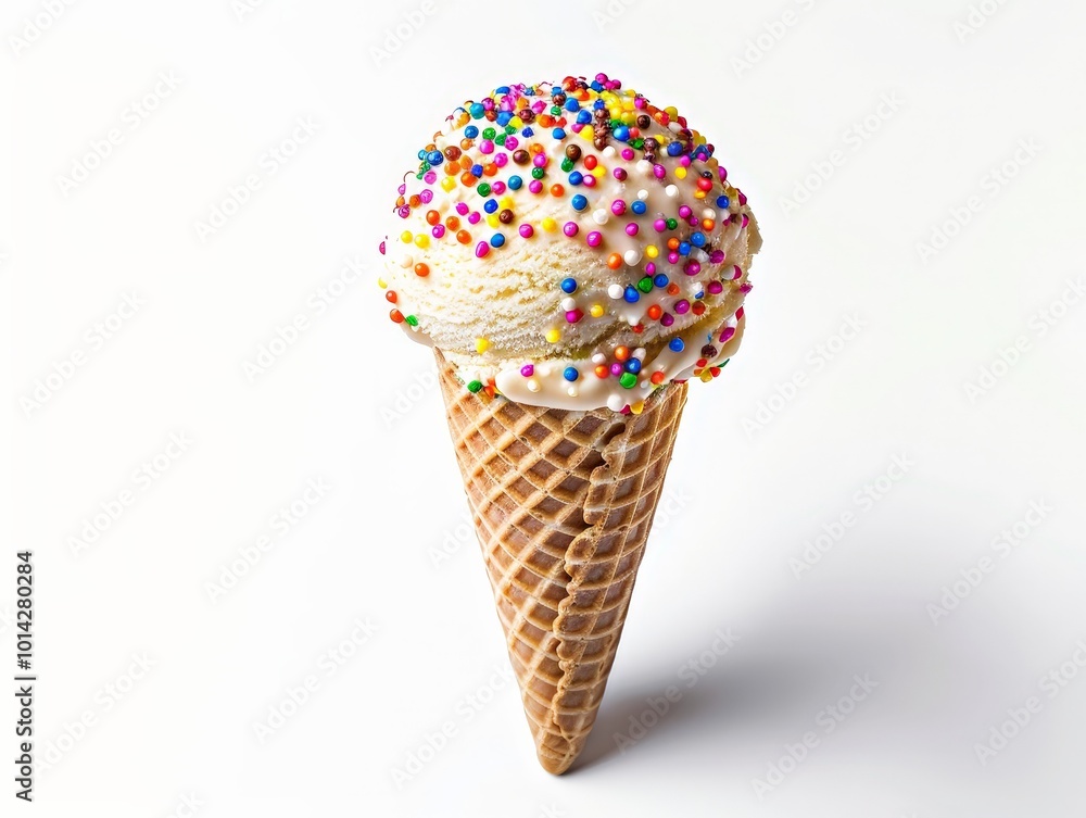 Vanilla Ice Cream Cone with Sprinkles Isolated On White Background Vanilla Ice Cream Cone with Sprinkles Isolated On White Background