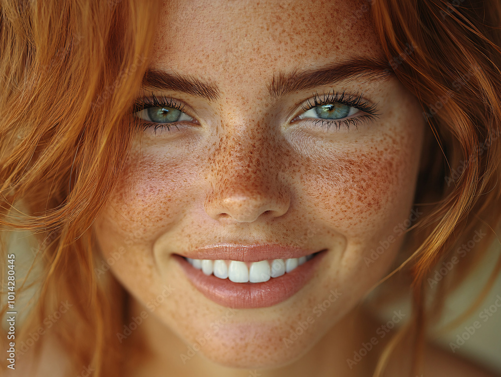 closeup portrait of young woman with red hair and freckles smiling closeup portrait of young woman with red hair and freckles smiling