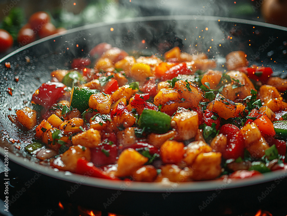 steaming pan of colorful vegetables and peppers with smoke and steam steaming pan of colorful vegetables and peppers with smoke and steam