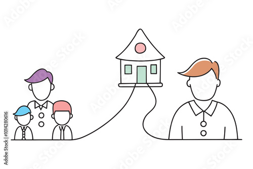 Line drawing of a family with children outside a house, symbolizing a nurturing daycare environment isolated doodle line art flat vector illustration on white background.