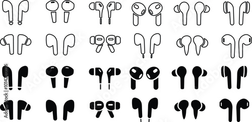 HandFree icon set. Headphones wireless earphones flat and line icon collection. Headset silhouette. Hand free group.
