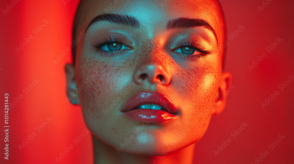 Closeup Portrait of a Woman with Freckles in Blue and Red Neon Light Closeup Portrait of a Woman with Freckles in Blue and Red Neon Light