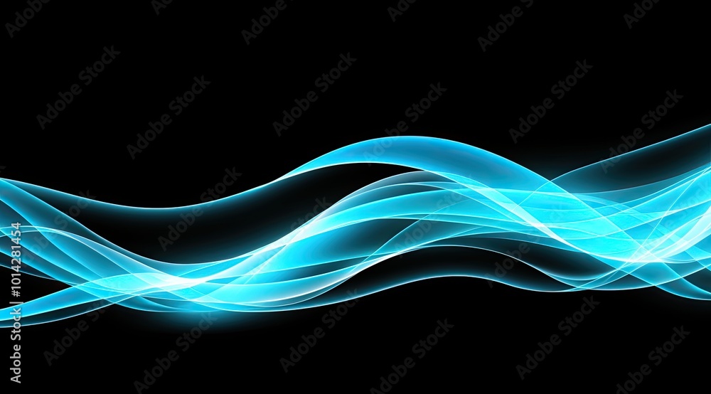 Abstract wavy lines of cyan blue glowing light on black background Abstract wavy lines of cyan blue glowing light on black background