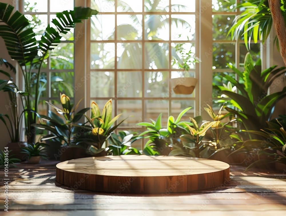 Wooden Platform with Sunlit Window and Lush Greenery Wooden Platform with Sunlit Window and Lush Greenery