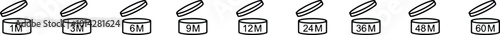 Period after open icons set. Pao symbols. Round box with cap opened. Expiration period in months signs for cosmetic packaging on transparent background.