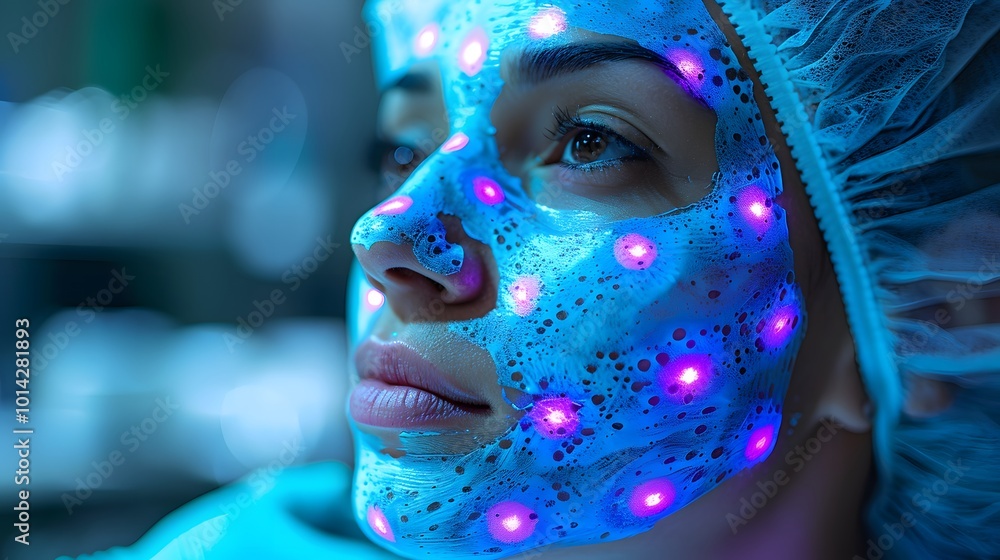 Woman receives facial treatment under blue-violet light. Woman receives facial treatment under blue-violet light.