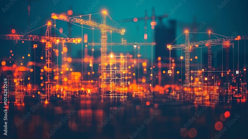 Naklejka premium Construction Cranes and Buildings in a Digital Cityscape