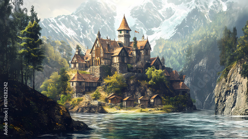 Fantasy stronghold or town by the river scene ai generative. Dwarven Fortress. Illustration