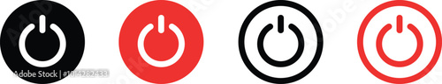 Power switch icon set. Start and shutdown computer button. Black and red symbol off and on. Sign switch for design prints. Flat circle pictogram. Silhouette Round energy signs. Vector illustration