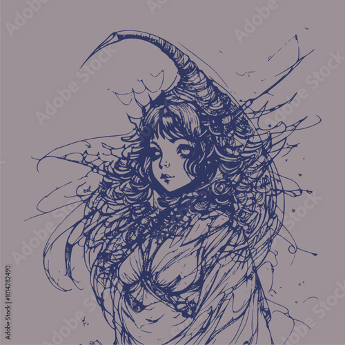Half turn face of young cute witch girl. Sketch style. Halloween relative character silhouette