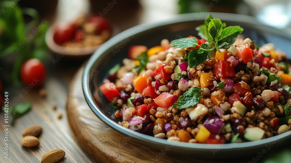 Colorful fresh salad with vegetables and herbs in a rustic bowl. Colorful fresh salad with vegetables and herbs in a rustic bowl.