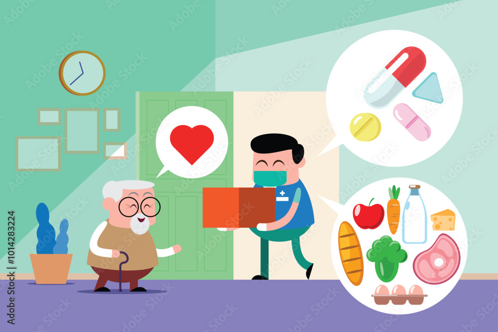 emotion cute vector, illustration flat cartoon character lifestyle doctor take care senior man at home.