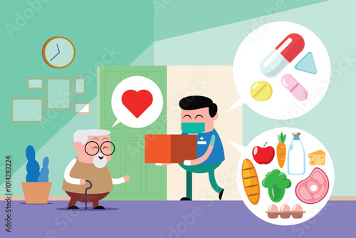 Obraz na płótnie emotion cute vector, illustration flat cartoon character lifestyle doctor take care senior man at home. w salonie