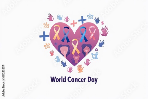 World Cancer Day Heart Illustration: Ribbons and Hands Uniting for Awareness