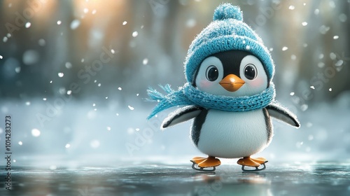 Cute Cartoon Penguin in a Winter Blue Hat and Scarf Ice Skating on a Pond