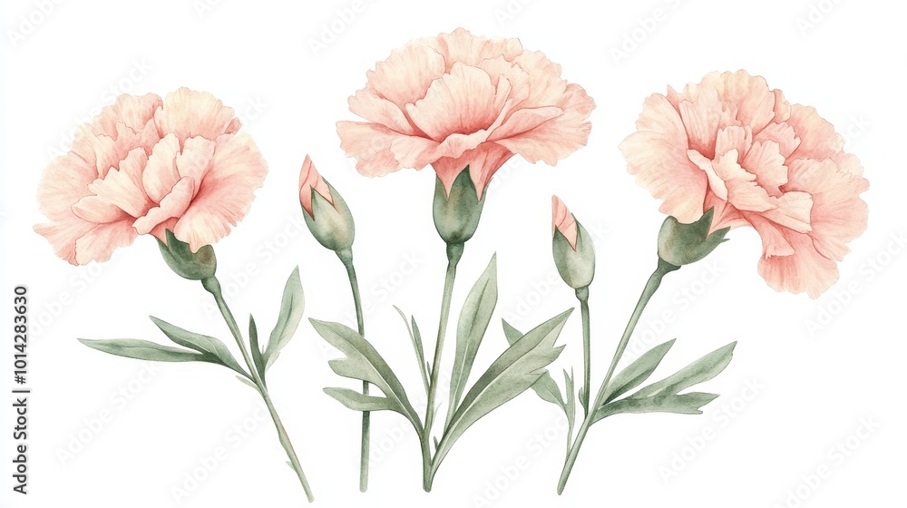 Delicate Watercolor Pink Carnations Clip Art on White Background | Hand-Drawn Floral Illustration with Soft Green Leaves Delicate Watercolor Pink Carnations Clip Art on White Background | Hand-Drawn Floral Illustration with Soft Green Leaves