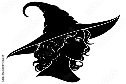 Beautiful curly witch girl in pointy silhouette vector art illustration 