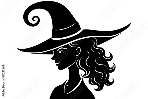 Beautiful curly witch girl in pointy silhouette vector art illustration 