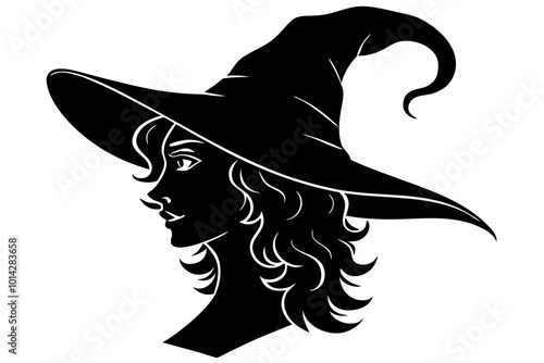 Beautiful curly witch girl in pointy silhouette vector art illustration 