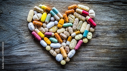 Colorful pills arranged in a heart shape on a wooden surface.