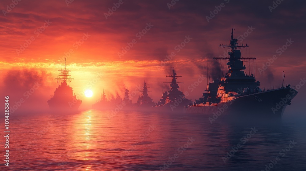 A line of modern military naval battleships warships in the row, northern fleet and baltic sea fleet in the open sea A line of modern military naval battleships warships in the row, northern fleet and baltic sea fleet in the open sea