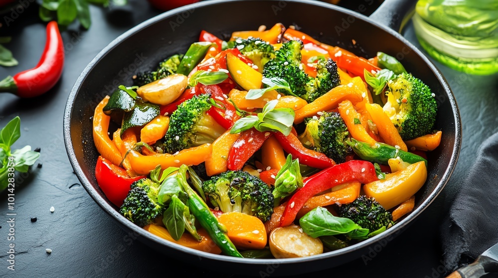 Colorful stir-fried vegetables in a black bowl on a dark background. Colorful stir-fried vegetables in a black bowl on a dark background.