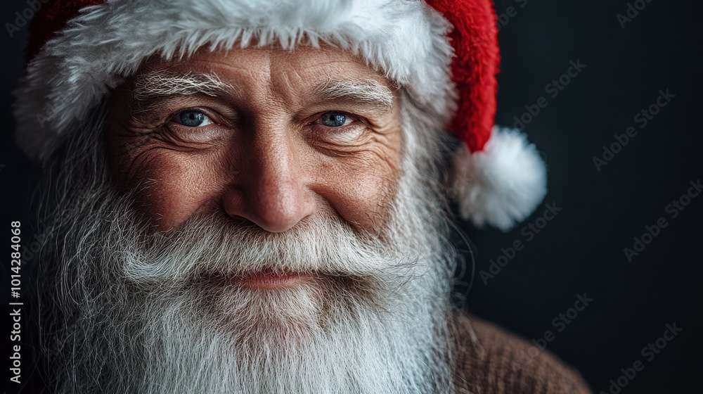 Generative AI image of portrait of smiling senior man in Santa Claus hat with long white beard looking at camera against dark background Generative AI image of portrait of smiling senior man in Santa Claus hat with long white beard looking at camera against dark background