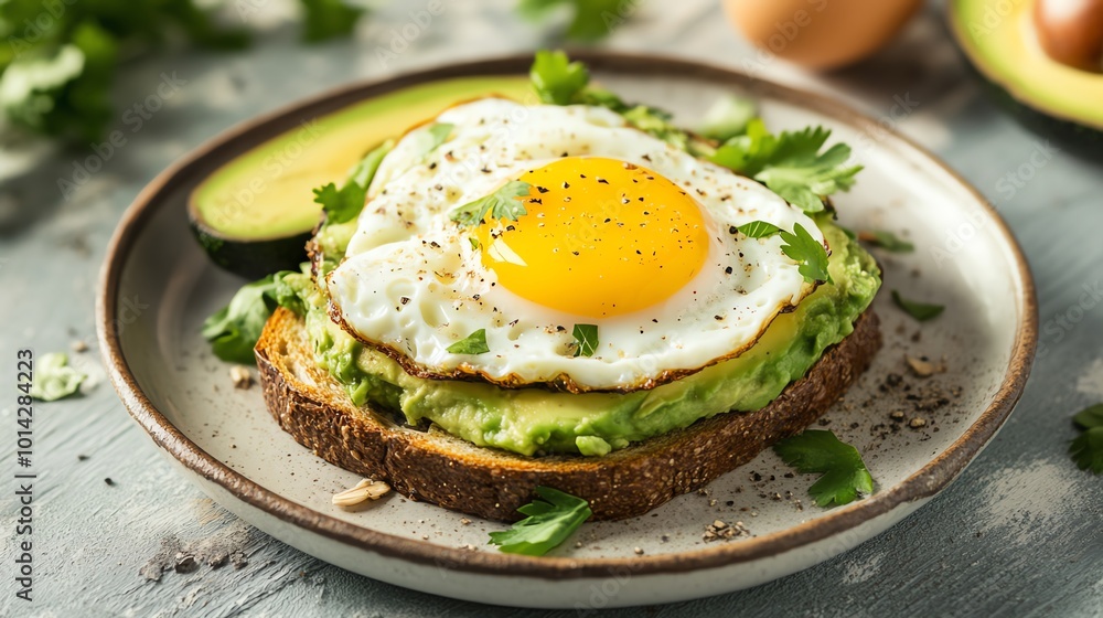 Delicious avocado toast topped with a fried egg, garnished with cilantro and pepper. Delicious avocado toast topped with a fried egg, garnished with cilantro and pepper.