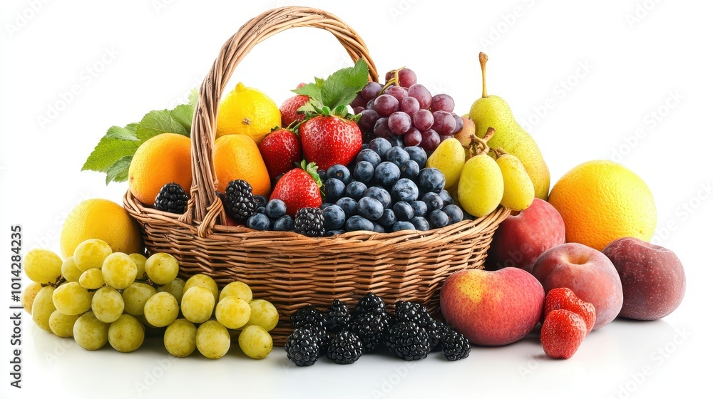 Many different fresh fruits in wicker basket isolated on white Many different fresh fruits in wicker basket isolated on white