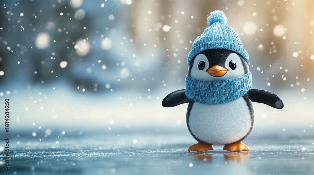 Cute Cartoon Penguin in a Winter Blue Hat and Scarf Ice Skating on a Pond Cute Cartoon Penguin in a Winter Blue Hat and Scarf Ice Skating on a Pond
