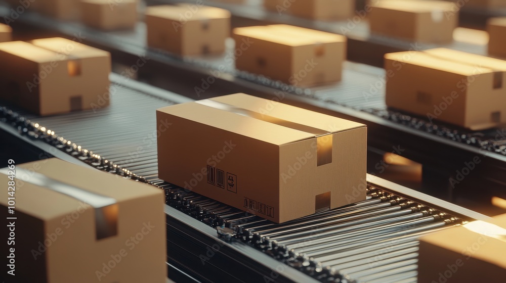 Closeup of multiple cardboard box packages seamlessly moving along a conveyor belt in a warehouse fulfillment center, a snapshot of e-commerce, delivery, automation, and products. Generative ai