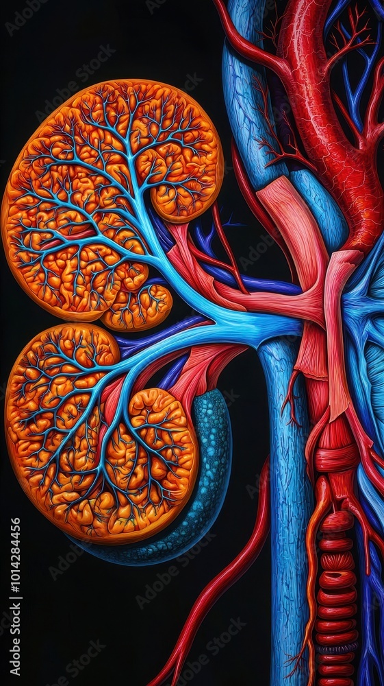 Naklejka premium Kidneys and renal arteries, veins, ureters, detailed anatomical rendering, full vascular system shown, deep depth of field