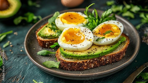 Delicious avocado toast with soft-boiled eggs on a rustic plate.