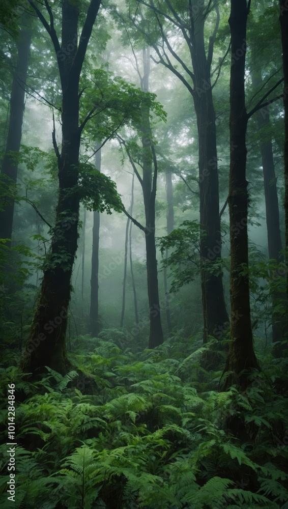 Fototapeta premium Dense Misty Forest with Thick Fog Covering Green Trees and Vegetation