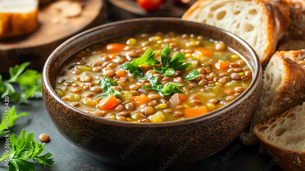 Delicious lentil soup served in a rustic bowl with fresh herbs and bread. Delicious lentil soup served in a rustic bowl with fresh herbs and bread.